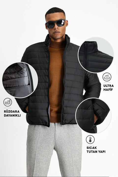 Siyah Dik Yaka Fermuarlı Cepli Rüzgara Dayanıklı Sıcak Tutan Kapitone Spor Mont