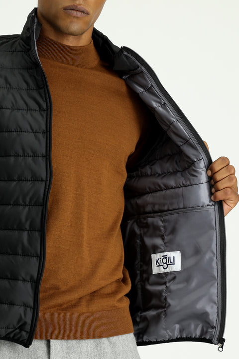 Black Stand Collar Zip-Up Pocket Windproof Warm Quilted Sport Jacket