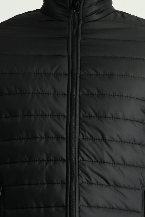 Black Stand Collar Zip-Up Pocket Windproof Warm Quilted Sport Jacket