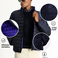 Koyu Lacivert Dik Yaka Fermuarlı Cepli Rüzgara Dayanıklı Sıcak Tutan Kapitone Spor Mont