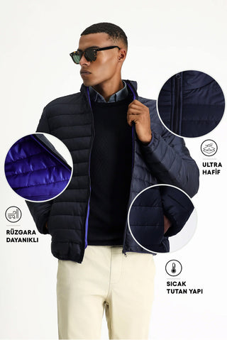  Koyu Lacivert Dik Yaka Fermuarl? Cepli Rüzgara Dayan?kl? S?cak Tutan Kapitone Spor Mont-Ki??l?