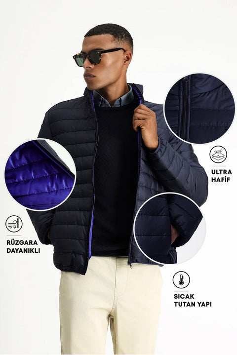 Koyu Lacivert Dik Yaka Fermuarlı Cepli Rüzgara Dayanıklı Sıcak Tutan Kapitone Spor Mont