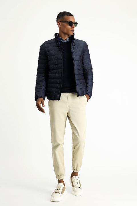 Koyu Lacivert Dik Yaka Fermuarlı Cepli Rüzgara Dayanıklı Sıcak Tutan Kapitone Spor Mont