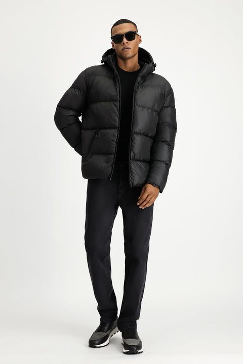 Siyah Slim Fit Dar Kesim Kapüşonlu Spor Şişme Mont