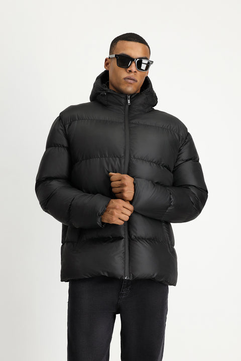 Siyah Slim Fit Dar Kesim Kapüşonlu Spor Şişme Mont