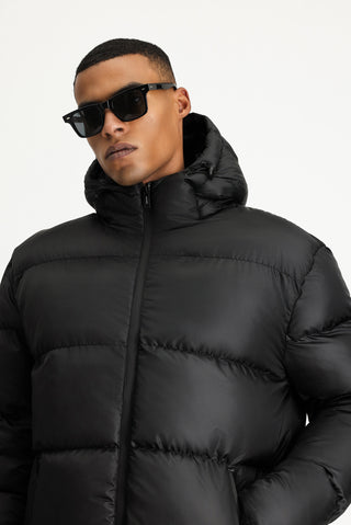  Siyah Slim Fit Dar Kesim Kapüşonlu Spor Şişme Mont