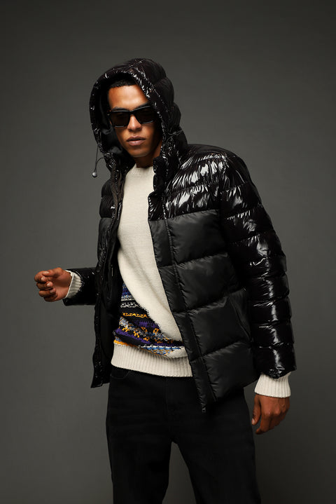 Siyah Slim Fit Dar Kesim Kapüşonlu Vinil Şişme Mont