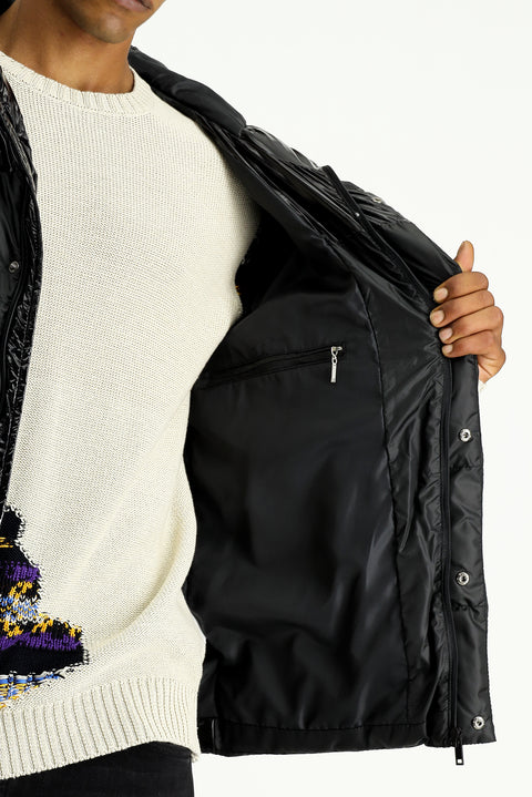 Siyah Slim Fit Dar Kesim Kapüşonlu Vinil Şişme Mont