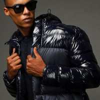 Koyu Lacivert Slim Fit Dar Kesim Kapüşonlu Vinil Şişme Mont