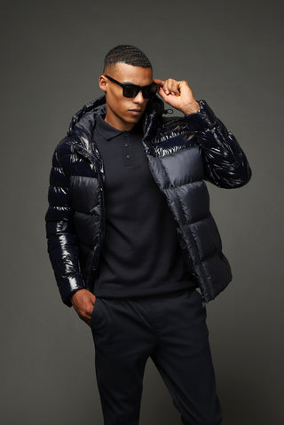  Koyu Lacivert Slim Fit Dar Kesim Kapüşonlu Vinil Şişme Mont