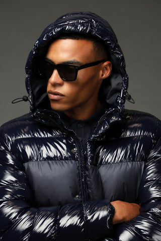  Koyu Lacivert Slim Fit Dar Kesim Kapüşonlu Vinil Şişme Mont