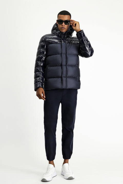 Koyu Lacivert Slim Fit Dar Kesim Kapüşonlu Vinil Şişme Mont