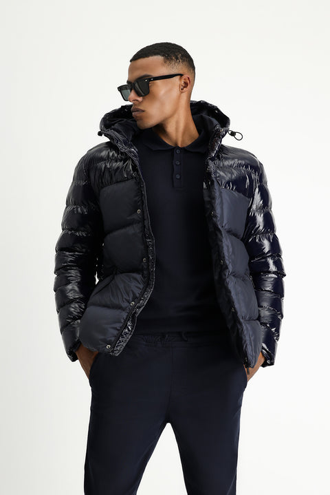 Koyu Lacivert Slim Fit Dar Kesim Kapüşonlu Vinil Şişme Mont