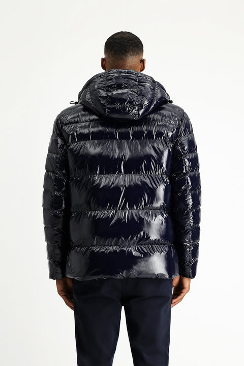 Koyu Lacivert Slim Fit Dar Kesim Kapüşonlu Vinil Şişme Mont