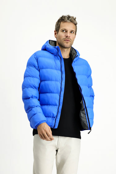  Saks Mavi Kapüşonlu Çantalı Spor Şişme Mont