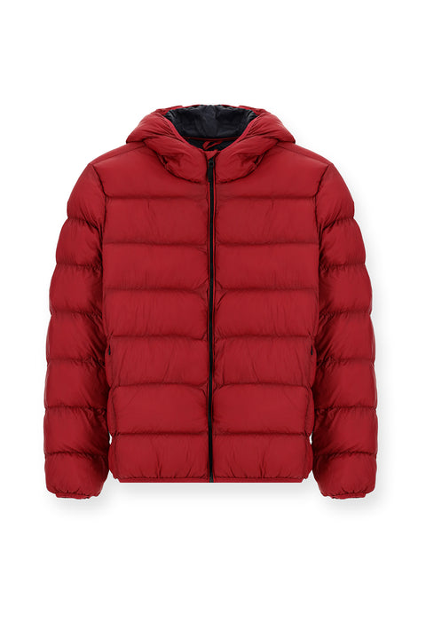 Koyu Kırmızı Kapüşonlu Çantalı Spor Şişme Mont