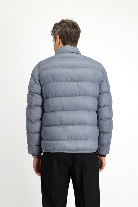 Açık Gri Çantalı Dik Yaka Fermuarlı Cepli Rüzgar Geçirmez Spor Şişme Mont