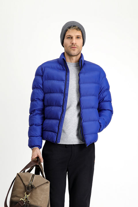 Dark Blue Stand Collar Windproof Sport Puffer Jacket with Zipper and Pockets and Bag