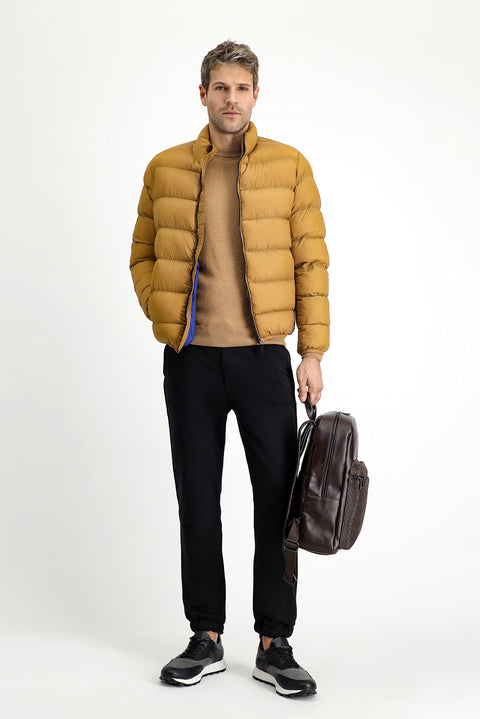 Mustard Yellow Stand Collar Zippered Pocket Windproof Sport Puffer Jacket