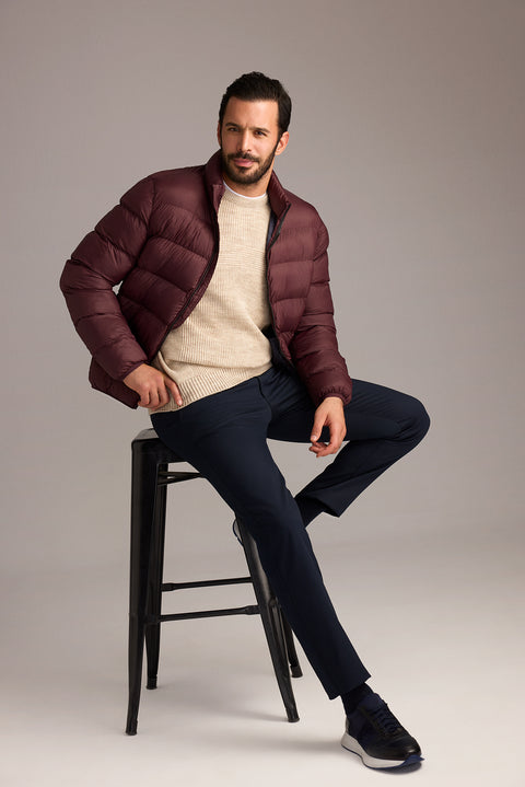 Koyu Bordo Çantalı Dik Yaka Fermuarlı Cepli Rüzgar Geçirmez Spor Şişme Mont