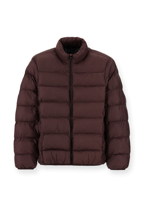 Dark Burgundy Windproof Sport Puffer Jacket with Stand, Zippered Collar and Pockets, and Bag Included