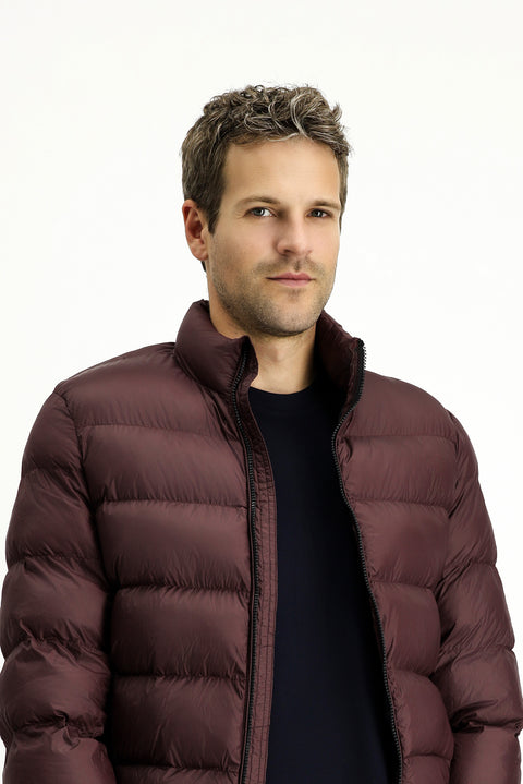 Dark Burgundy Windproof Sport Puffer Jacket with Stand, Zippered Collar and Pockets, and Bag Included