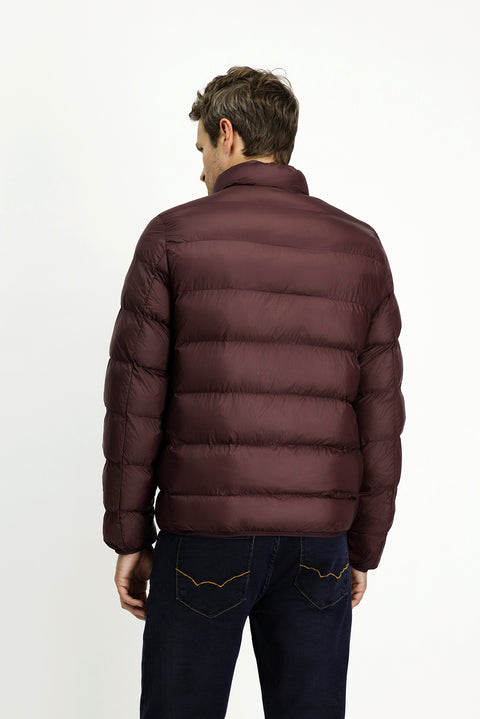 Dark Burgundy Windproof Sport Puffer Jacket with Stand, Zippered Collar and Pockets, and Bag Included