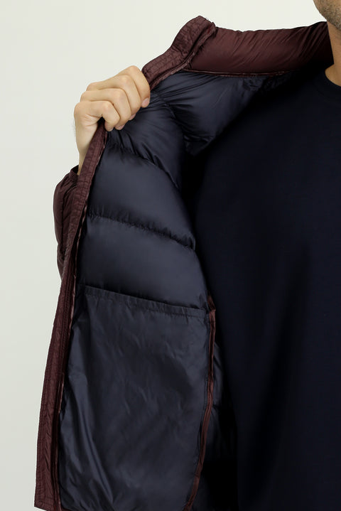 Dark Burgundy Windproof Sport Puffer Jacket with Stand, Zippered Collar and Pockets, and Bag Included