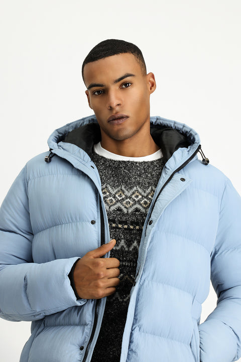 Aviator Blue Hooded Sport Puffer Jacket