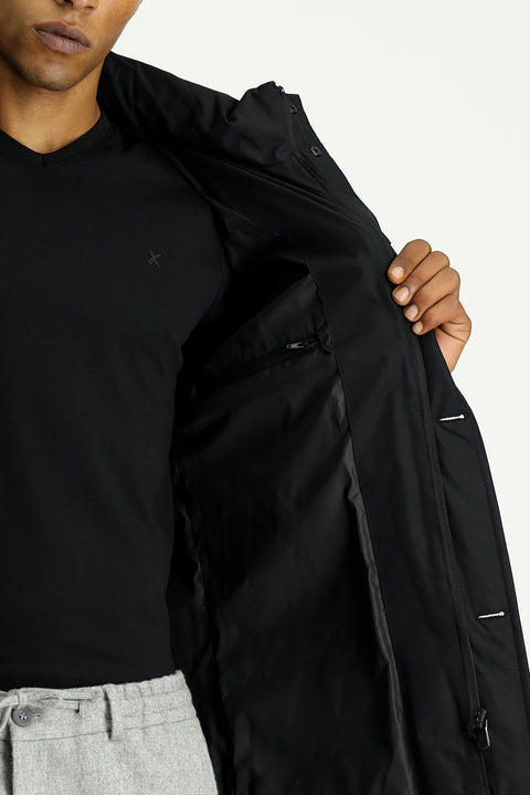 Siyah Slim Fit Dar Kesim Kapüşonlu Cepli Rüzgar Geçirmez Spor Şişme Mont