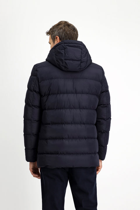 Koyu Lacivert Slim Fit Dar Kesim Kapüşonlu Cepli Rüzgar Geçirmez Spor Şişme Mont