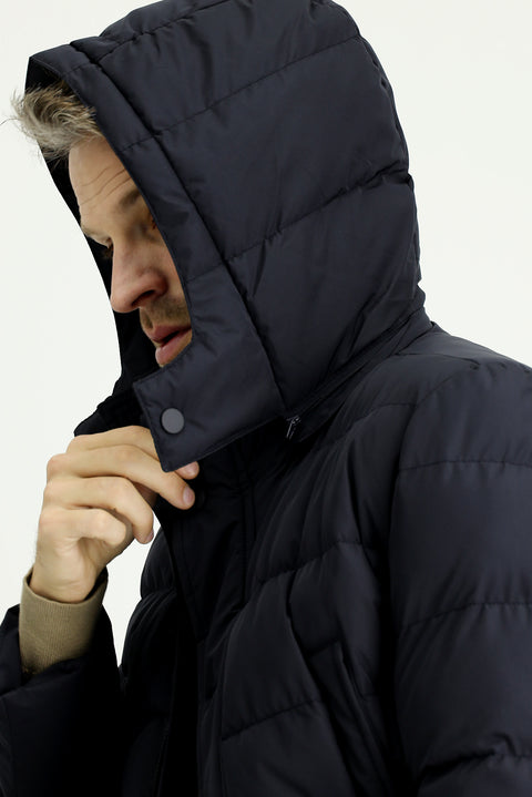 Koyu Lacivert Slim Fit Dar Kesim Kapüşonlu Cepli Rüzgar Geçirmez Spor Şişme Mont