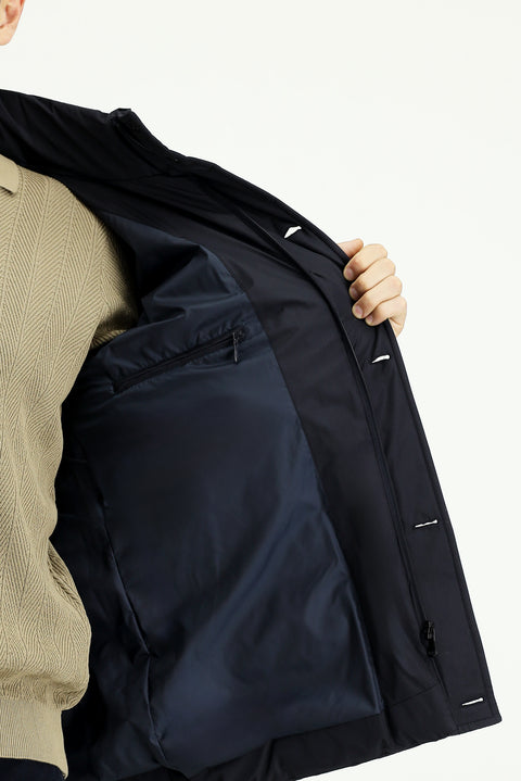 Koyu Lacivert Slim Fit Dar Kesim Kapüşonlu Cepli Rüzgar Geçirmez Spor Şişme Mont