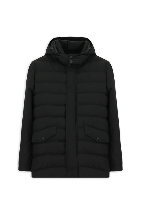 Siyah Slim Fit Dar Kesim Kapüşonlu Cepli Fermuarlı Rüzgar Geçirmez Spor Şişme Mont