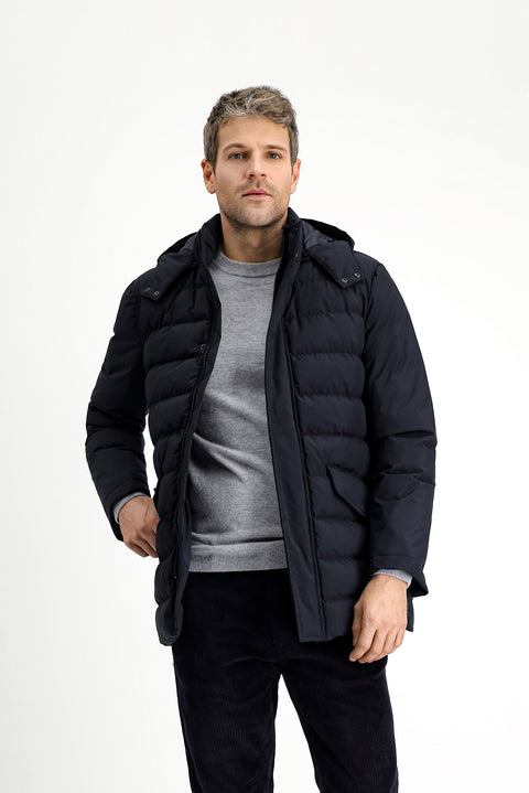 Koyu Lacivert Slim Fit Dar Kesim Kapüşonlu Cepli Fermuarlı Rüzgar Geçirmez Spor Şişme Mont