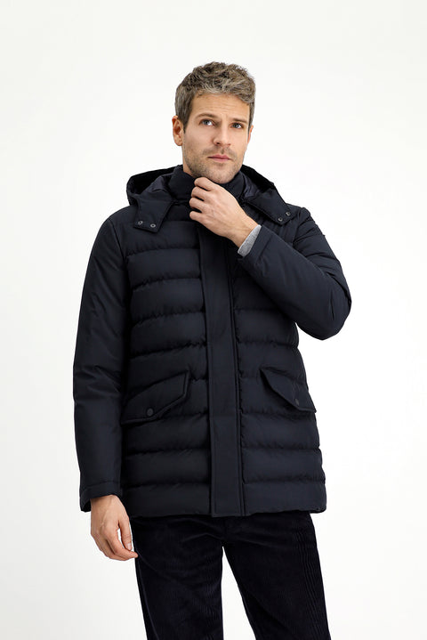 Koyu Lacivert Slim Fit Dar Kesim Kapüşonlu Cepli Fermuarlı Rüzgar Geçirmez Spor Şişme Mont