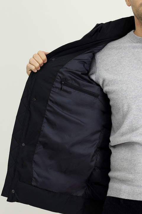 Koyu Lacivert Slim Fit Dar Kesim Kapüşonlu Cepli Fermuarlı Rüzgar Geçirmez Spor Şişme Mont