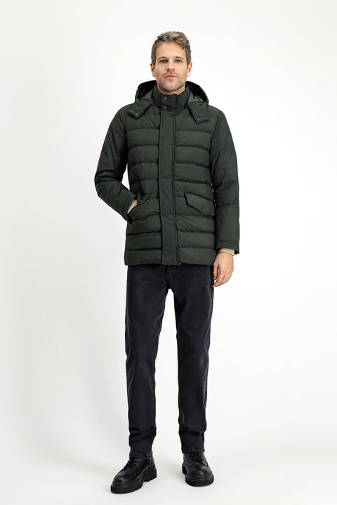 Orta Haki Slim Fit Dar Kesim Kapüşonlu Cepli Fermuarlı Rüzgar Geçirmez Spor Şişme Mont