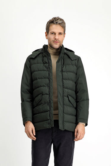 Orta Haki Slim Fit Dar Kesim Kapüşonlu Spor Şişme Mont