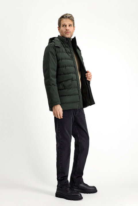 Orta Haki Slim Fit Dar Kesim Kapüşonlu Cepli Fermuarlı Rüzgar Geçirmez Spor Şişme Mont