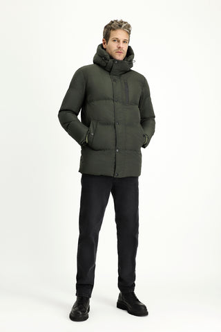  Koyu Haki Kapüşonlu Spor Şişme Mont