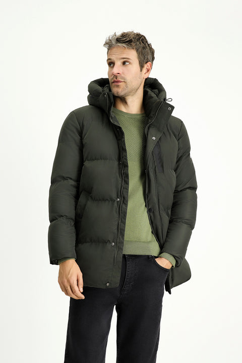 Koyu Haki Kapüşonlu Spor Şişme Mont