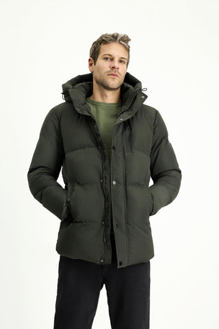  Koyu Haki Kapüşonlu Spor Şişme Mont