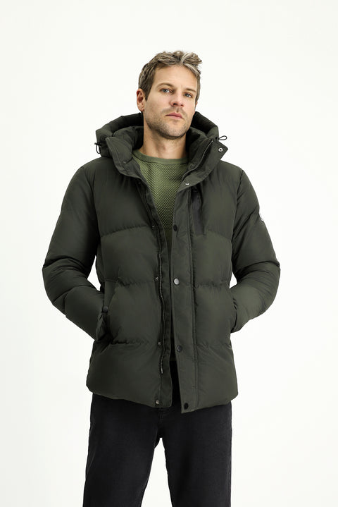 Koyu Haki Kapüşonlu Spor Şişme Mont