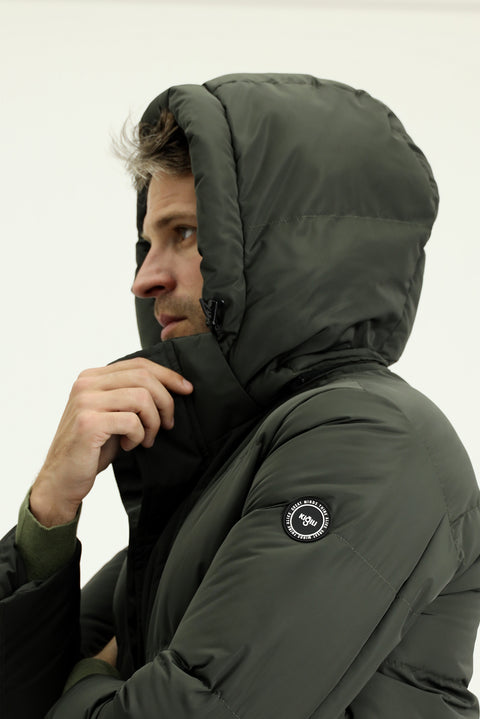 Koyu Haki Kapüşonlu Spor Şişme Mont