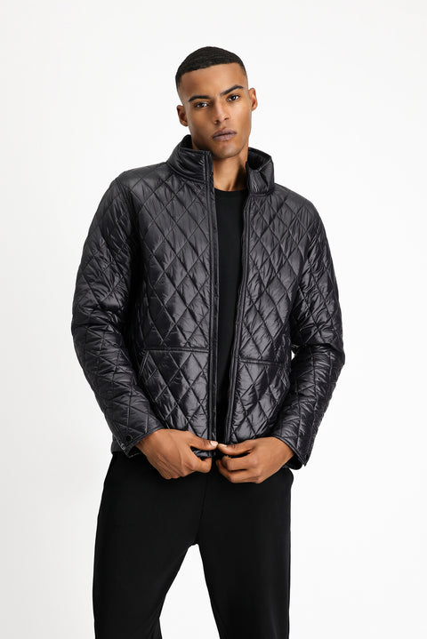 Siyah Dik Yaka Cepli Fermuarlı Rüzgar Geçirmez Kapitone Spor Mont