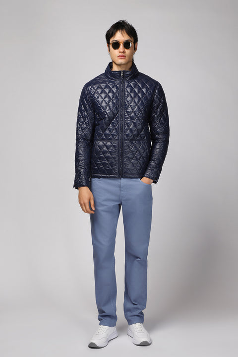 Koyu Lacivert Dik Yaka Cepli Fermuarlı Rüzgar Geçirmez Kapitone Spor Mont