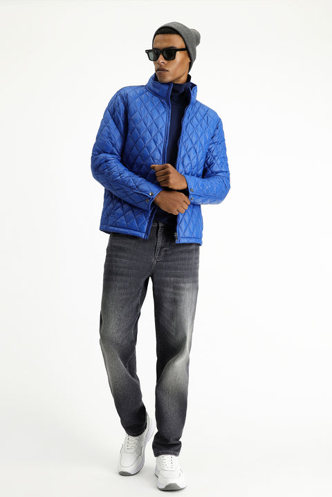 Blue Stand Collar Windproof Quilted Sport Jacket with Pockets and Zipper