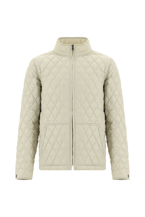 Açık Bej Dik Yaka Cepli Fermuarlı Rüzgar Geçirmez Kapitone Spor Mont