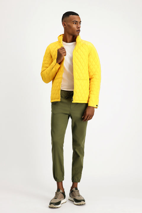 Sarı Dik Yaka Cepli Fermuarlı Rüzgar Geçirmez Kapitone Spor Mont